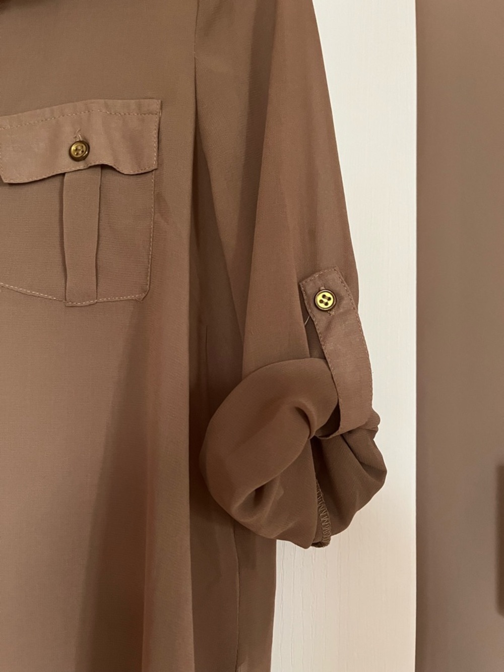 Brown Sheer High-Low Button-Front Blouse - Picture 3 of 4